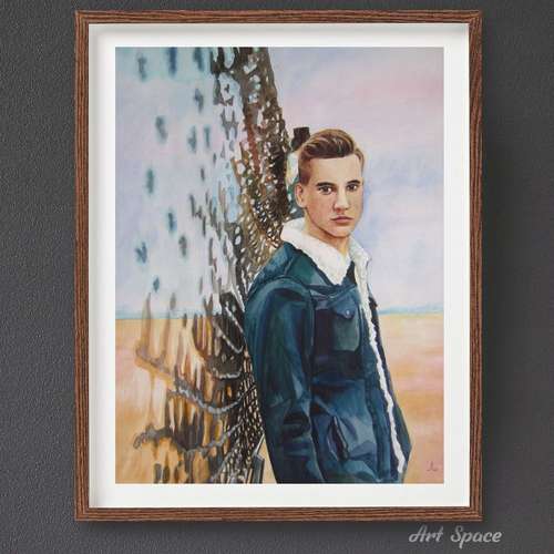 Original Watercolor Painting "Cute Boy" Office Home Decoration Housewarming Gift Hallway Decor, athlete, handsome man