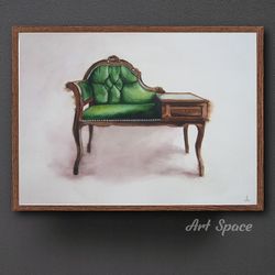 original watercolor painting "vintage sofa", decoration for office, snow, tree, river, playroom, blue painting,