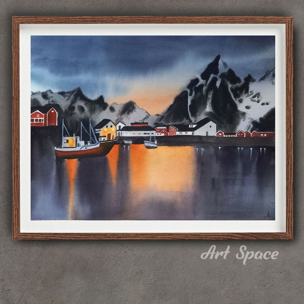 mountains - city - night light - dark painting - watercolor painting - 1.jpg
