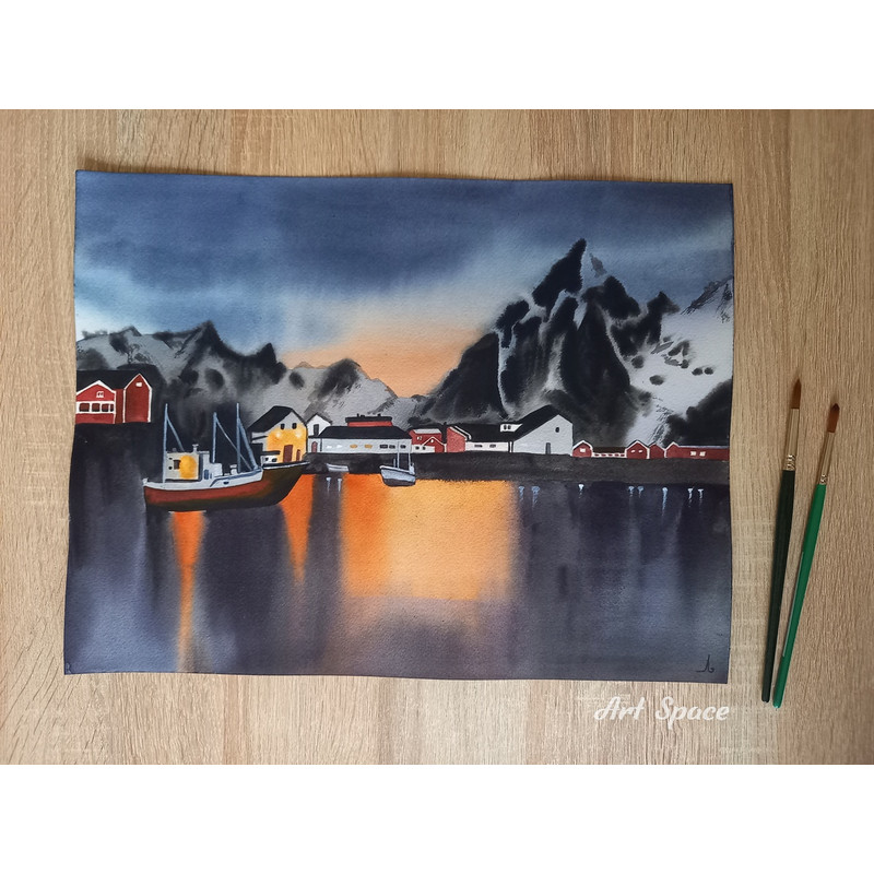 mountains - city - night light - dark painting - watercolor painting - 2.jpg