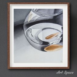 original watercolor painting **aquarium** office decoration, fish, indoor, home pet, play room, gray painting