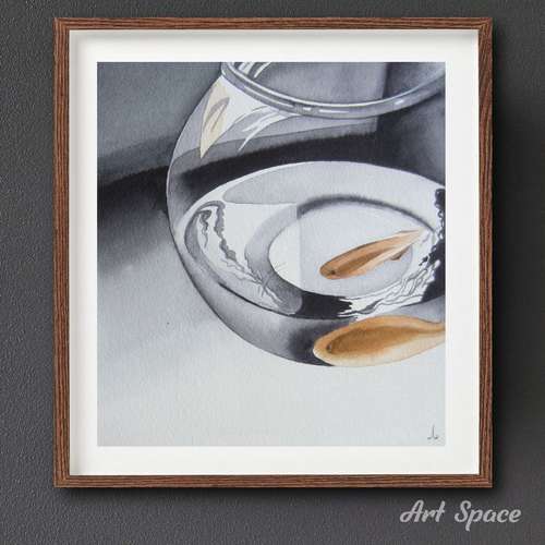 Original Watercolor Painting **Aquarium** Office Decoration, Fish, Indoor, Home Pet, Play Room, Gray Painting