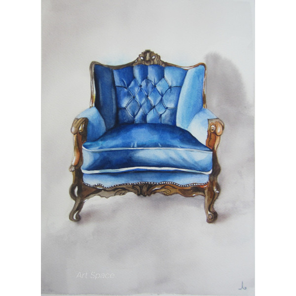 vintage armchair - vintage furniture - blue chair - - interior item - blue painting - watercolor painting - 1.JPG