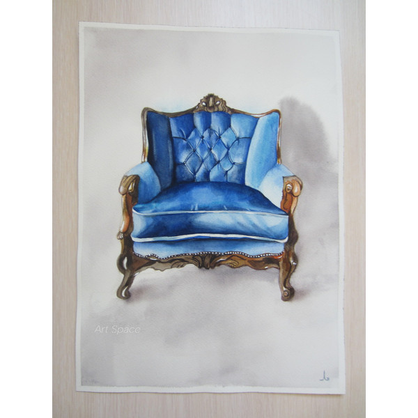 vintage armchair - vintage furniture - blue chair - - interior item - blue painting - watercolor painting - 3.JPG