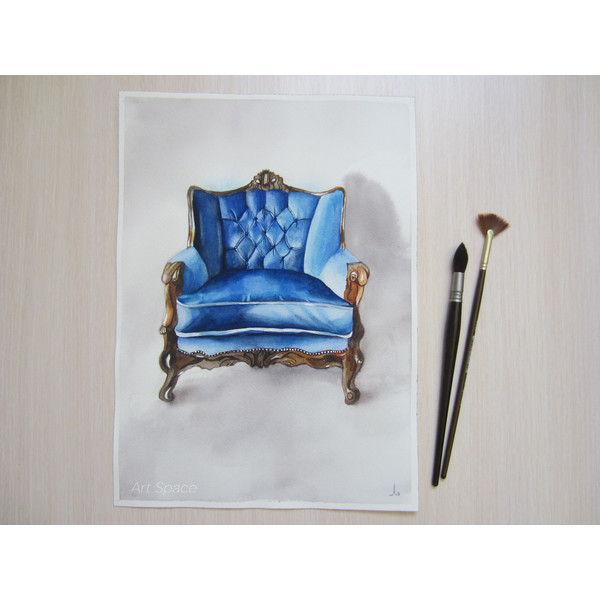 vintage armchair - vintage furniture - blue chair - - interior item - blue painting - watercolor painting - 4.JPG