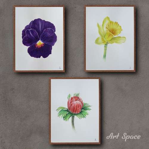 Original watercolor painting "trio Flowers", decoration for office, housewarming gift, hallway decor, still life