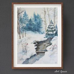 original watercolor painting **winter forest**, decoration for office, snow, tree, river, playroom, blue painting,