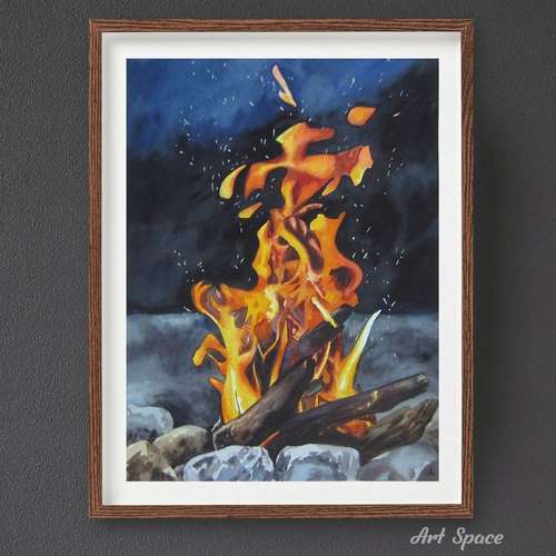 Original watercolor painting "Lovely bonfire", blue picture, decoration for office,housewarming gift, hallway decor
