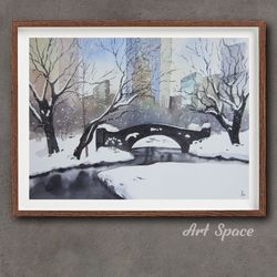 original watercolor painting "central park in new york", blue picture, for office, housewarming gift, hallway decor