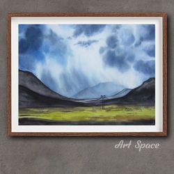 original watercolor painting "thundercloud", blue picture, decoration for office,housewarming gift, hallway decor