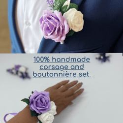 Lavender corsage and boutonniere set. Prom corsage and boutonniere set.  LavenderWedding boutonniere. Bridesmaid corsage