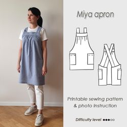 S to 3XL cross back apron sewing pattern PDF / Japanese no tie pinafore/ Digital tutorial / crossback apron with pockets