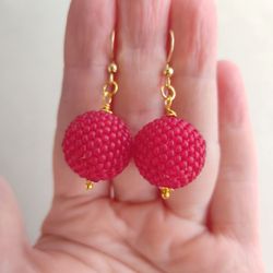 Red earrings balls earrings beaded earrings dangle drop earrings