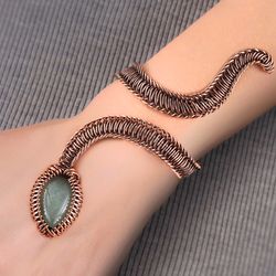 Snake cuff bracelet for woman Green Aventurine Copper wire wrapped bangle Unique jewelry Gift for her Egyptian style
