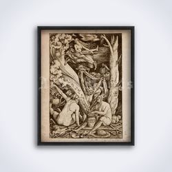 Naked witch flying on goat to the Sabbath 1545 medieval printable art print poster Digital Download