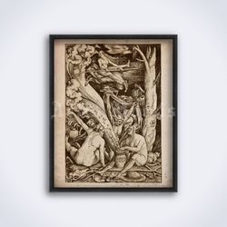 naked witch flying on goat to the sabbath 1545 medieval printable art print poster digital download