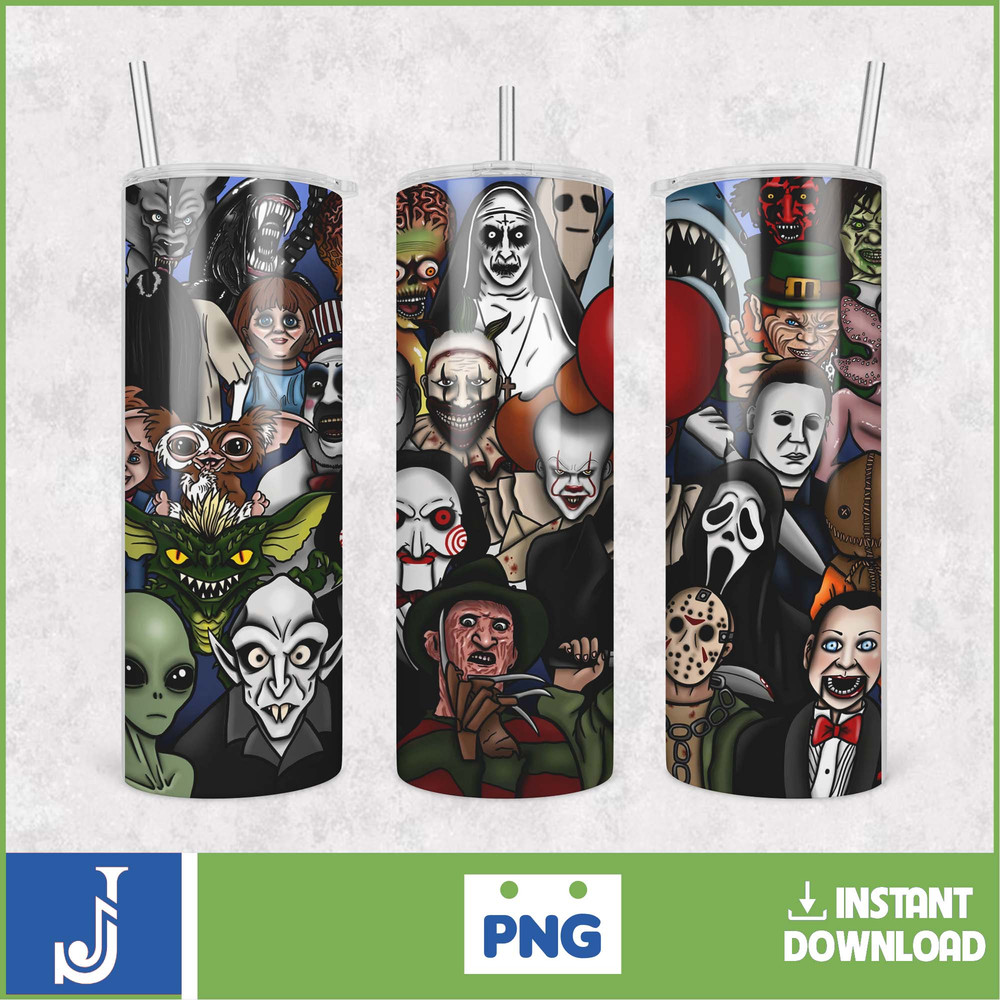 Horror Movies Characters Tumbler, Halloween Tumbler PNG, 20oz Skinny Tumbler, Scary Tumbler Wrap, Sublimation Designs (3).jpg