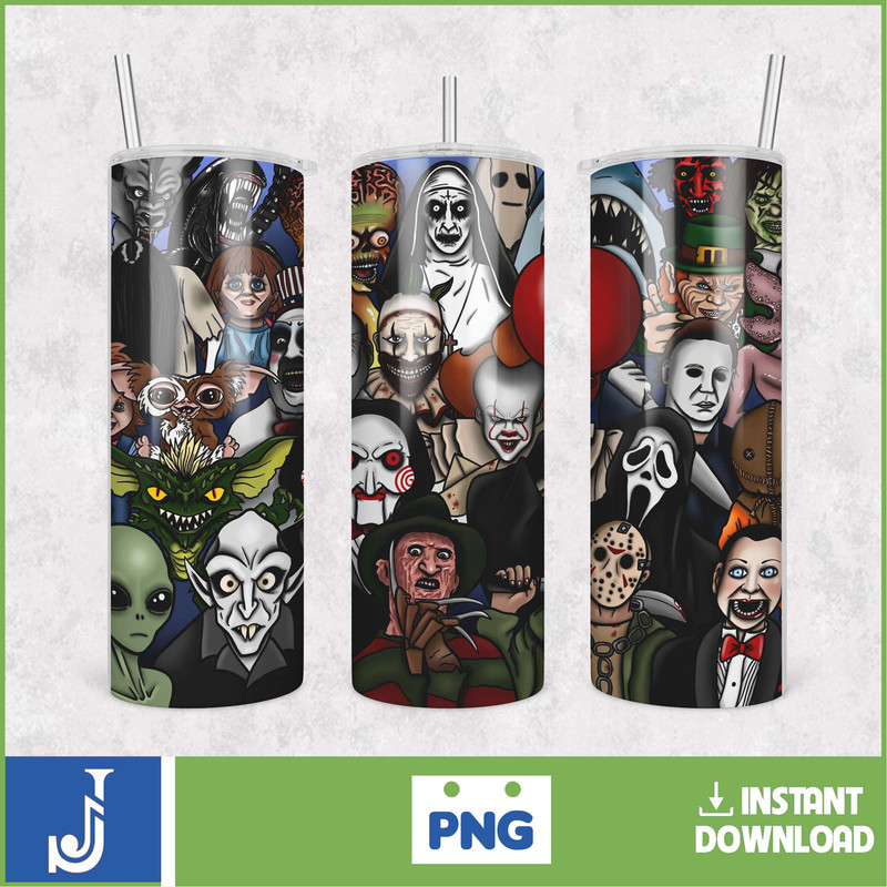 Horror Movies Characters Tumbler, Halloween Tumbler PNG, 20oz Skinny Tumbler, Scary Tumbler Wrap, Sublimation Designs (3).jpg