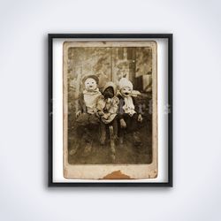 Children in creepy Halloween costumes and masks vintage photo printable art print poster Digital Download