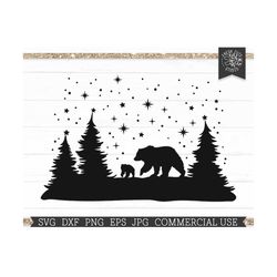 winter scene svg cut file for cricut, bear svg, snowy woods svg, snowy christmas svg scene, pine trees, snow, christmas