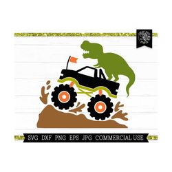 t rex monster truck svg cut file, dinosaur svg, truck with dinosaur, mudding, muddy truck svg, boys shirt svg, t-rex svg