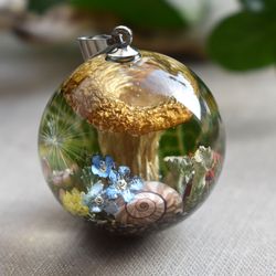 Sphere pendant mushroom. Forest sphere pendant. Real mushroom jewelry.