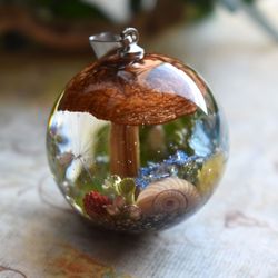 Mushroom sphere pendant. Forest sphere pendant. Real mushroom jewelry.