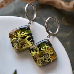 Real lichen earrings. Earrings with lichen. Real lichen in resin.