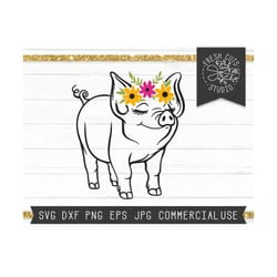 pig svg cut file for cricut, floral pig svg, pig with flowers svg file, instant download, farm svg, pig with flower crow