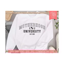 motherhood university svg cut file for cricut silhouette, 24 7 365, mom mode, mom life, mothers day svg, varsity sweatsh