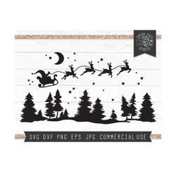 christmas night svg, santa sleigh svg, reindeer silhouette, starry night forest svg, pine trees svg, santa silhouette, m