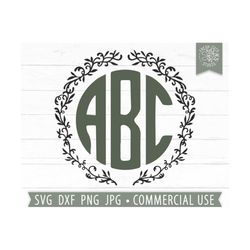 leafy monogram frame svg, flower border, circle frame svg, laurel wreath svg, hand drawn wreath svg, round keychain svg,
