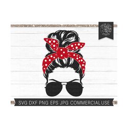 messy bun svg file, hair svg, sunglasses svg, messy bun face svg, red bandana svg, mom svg, face with bandana svg cut fi