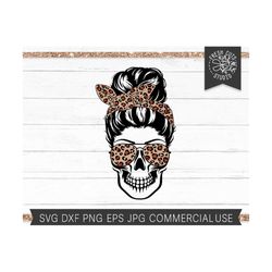 leopard messy bun skull svg cut file for cricut, instant download, mom svg, skull face svg for women, messy bun bandana