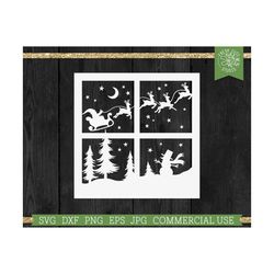 christmas night svg santa's sleigh reindeer scene, snowy winter scene, snowman in the woods, christmas eve window scene,