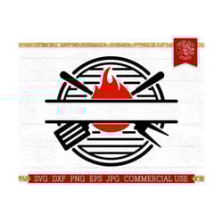 grill split frame svg cut file for cricut and silhouette, fire grilling monogram name frame, add your own name, circle,