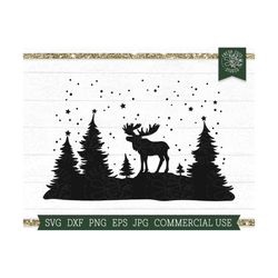 snowy moose svg cut file for cricut, moose with trees svg, winter scene svg, canada christmas svg, png dxf eps, commerci