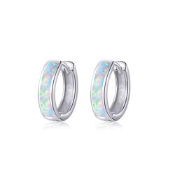 Opal earrings, Sterling silver jewelry, Round ear clip, Hoop