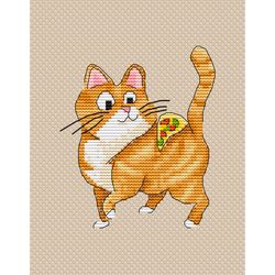 Cat Cross Stitch Pattern - Funny Animal Counted Cross Stitch Chart - Kitten with Pizza Xstitch Design - PDF Pattern