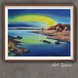 original watercolor painting "northern lights", decoration for office, housewarming gift, hallway decor