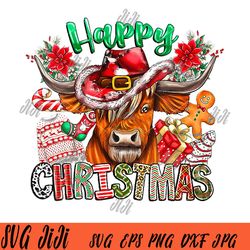 Happy Christmas PNG, Cute Highland Cow Xmas PNG, Cowboy Hat Christmas PNG