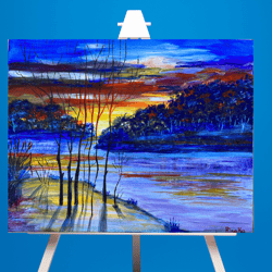 Autum landscape art, wall decor sunset art, housewarming present acrylic painting, original river lpainting.