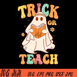 trick or teach png, groovy halloween retro floral ghost teacher png