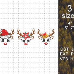 Reindeer With Santa Hat Embroidery Machine Design, Christmas Reindeer Faces Embroidery Design, Bright Xmas Embroidery Ma