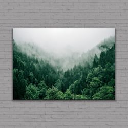 Green Forest Canvas Wall Decor, Pine Trees Forest Poster, Foggy Forest Wall Decor Landscape Misty Forest Multi Panel Can