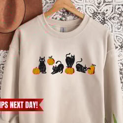 cute black cats on pumpkin sweatshirt, sweater for fall, cute black cat sweater, halloween black cats design, halloween