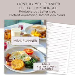 Digital Meal planner. Food diary. Weekly meal journal. Grocery list. Printable meal plan. Hyperlinked Recipe Planner