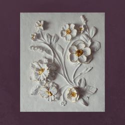 Sculptural wall art Gold and White bas-relief Botanical artwork Flowers 3d Plaster Relief Modern 3d wall  ready to hang