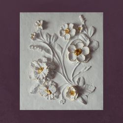 sculptural wall art gold and white bas-relief botanical artwork flowers 3d plaster relief modern 3d wall  ready to hang