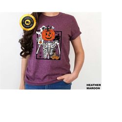 pumpkin skeleton drinking coffee shirt, funny halloween coffee shirt, halloween pumpkin gift, coffee lover gift, hallowe